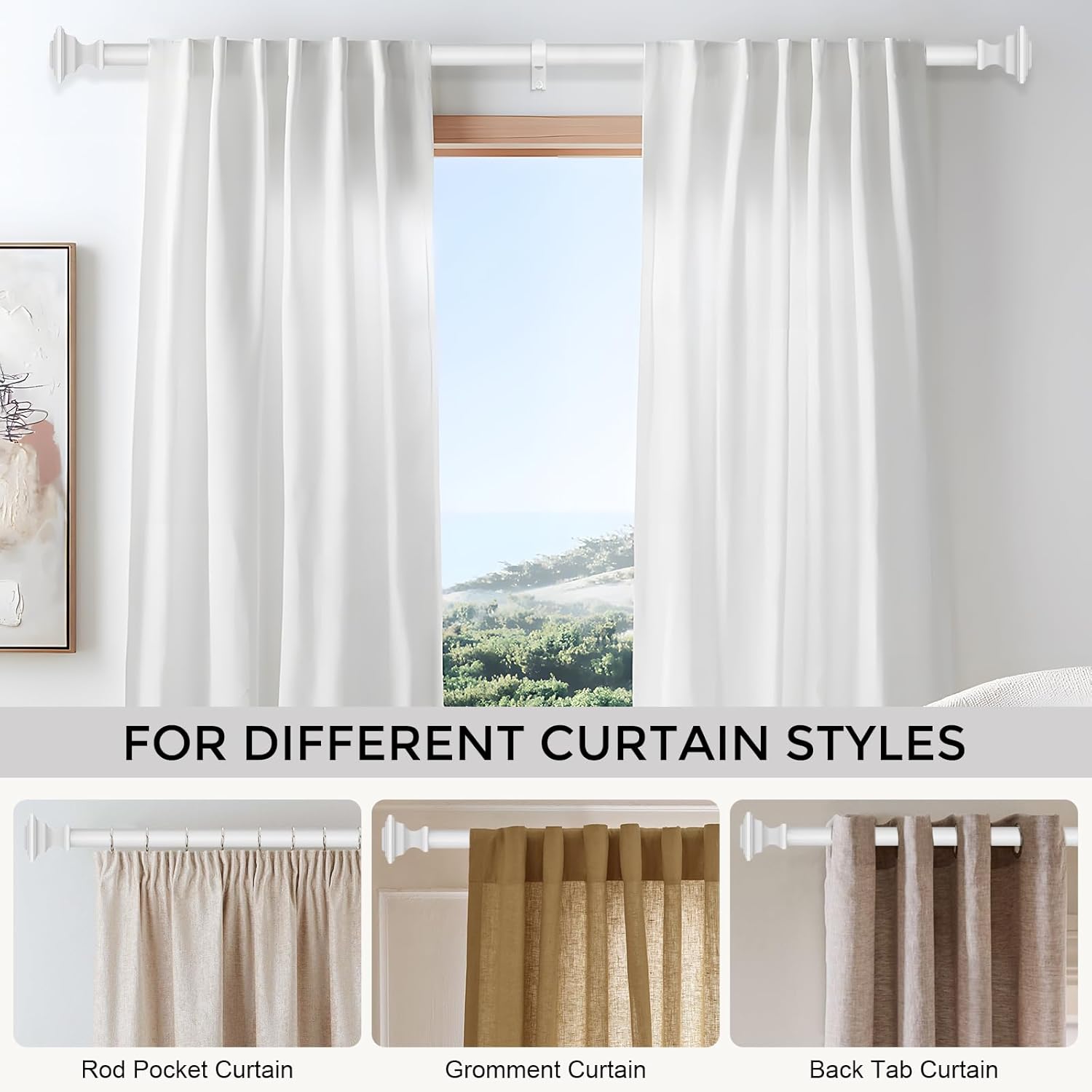 VOIIY 2 Pack Curtain Rods for Windows 28 to 48 Inch(2.3-4 Feet), 1" Diameter White Drapery Rods with Square Finials, Size:18-45 Inch, White