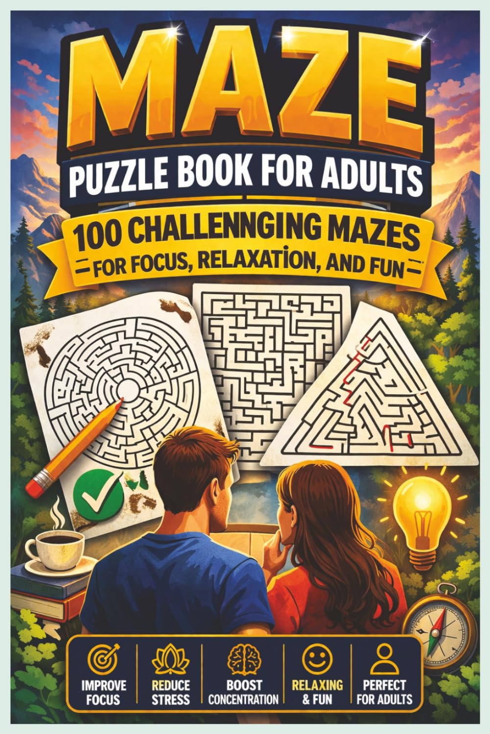 Maze Puzzle Book for Adults: 100 Challenging Mazes for Focus, Relaxation, and Fun: Improve Concentration, Reduce Stress, and Enjoy a Fun Brain Workout ... Maze Challenges (Adventure Maze Quest)