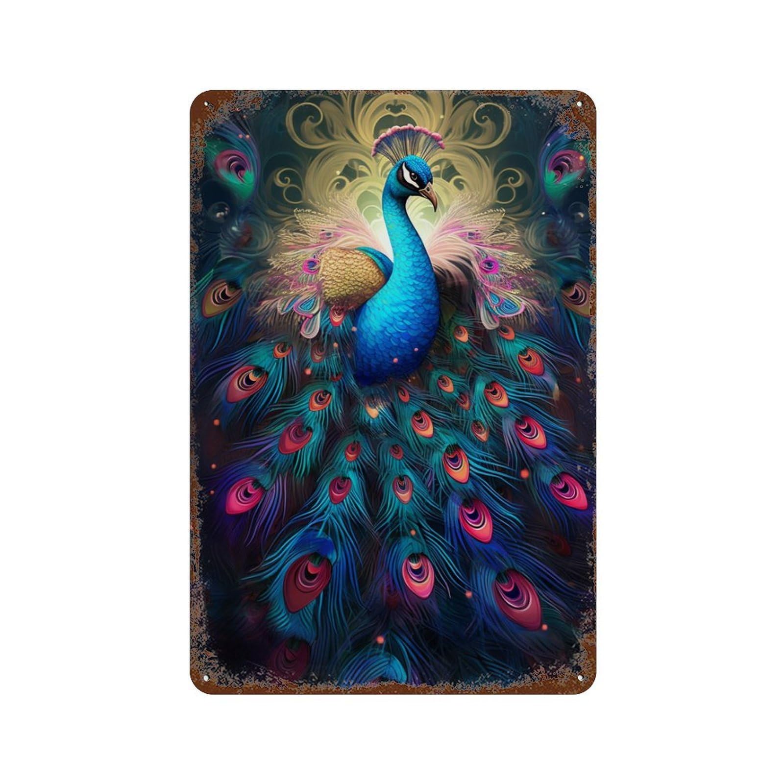 Rust Effect Colorful Peacock Art Print-6 Distressed Metal Wall Sign 11.8"x7.9", Shabby Chic Decor for Pub, Kitchen And Man Cave Decor