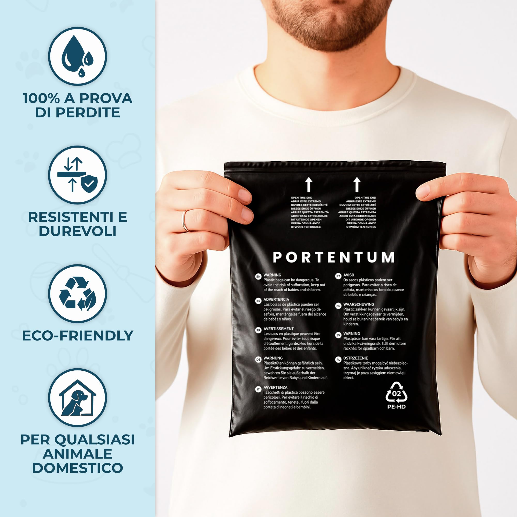 PORTENTUM Sacchetti Igienici Cane, 600 Pezzi (40 Rotoli), Neri - Extra Resistenti, Antiperdita e di Facile Apertura, Sacchetti per Cacca di Cane in Materiale Riciclato e Senza Profumo