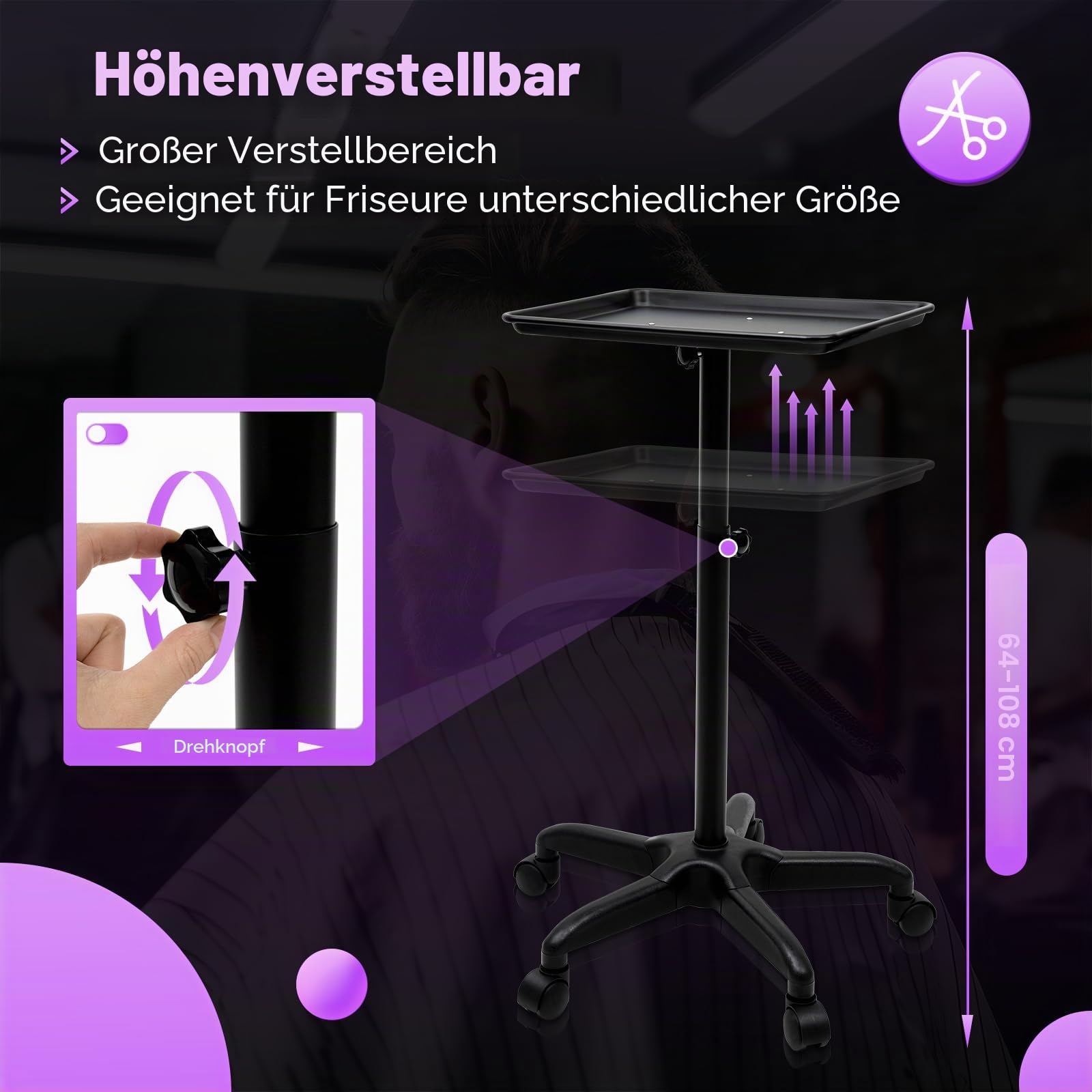 Professional Salon Tattoo Instrument Tablett, Rollwagen, mobiler Ständer, höhenverstellbar, Schwarz