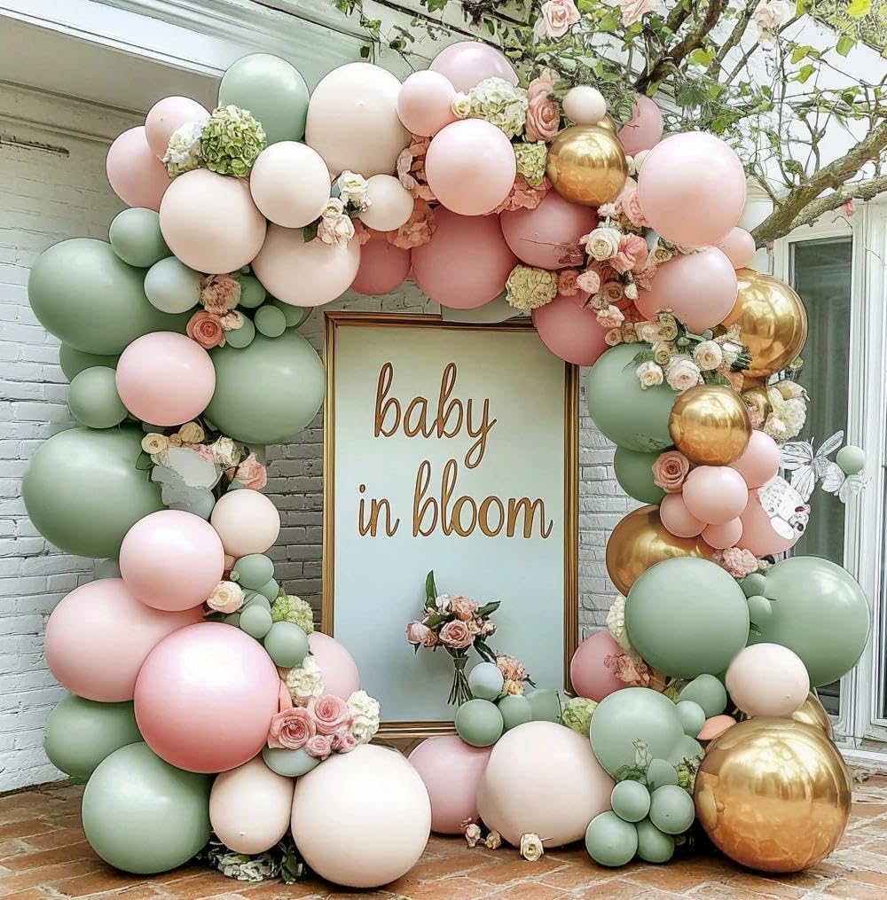 Dusty Green Pink Balloon Arch Double Stuffed Pastel Baby Pink Light Green White Cream Balloon Metallic Gold Latex Balloons for Baby in Bloom Bridal