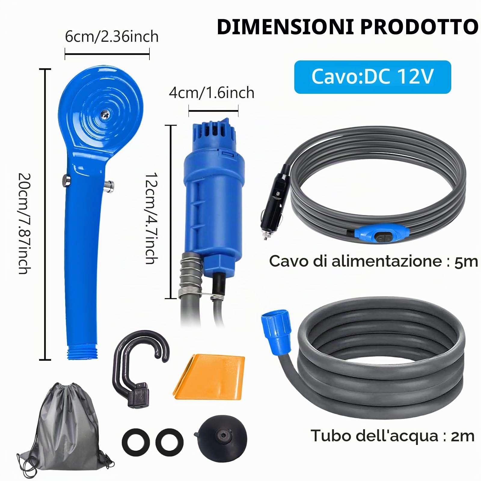 PORFOYO Doccia da Campeggio con Pompa, Doccia da Campeggio Portatile con Pompa 12V, Doccia da Campeggio con Batteria, Doccia da Campeggio 12V Autodoccia, Doccia per Campeggio, per Campeggio