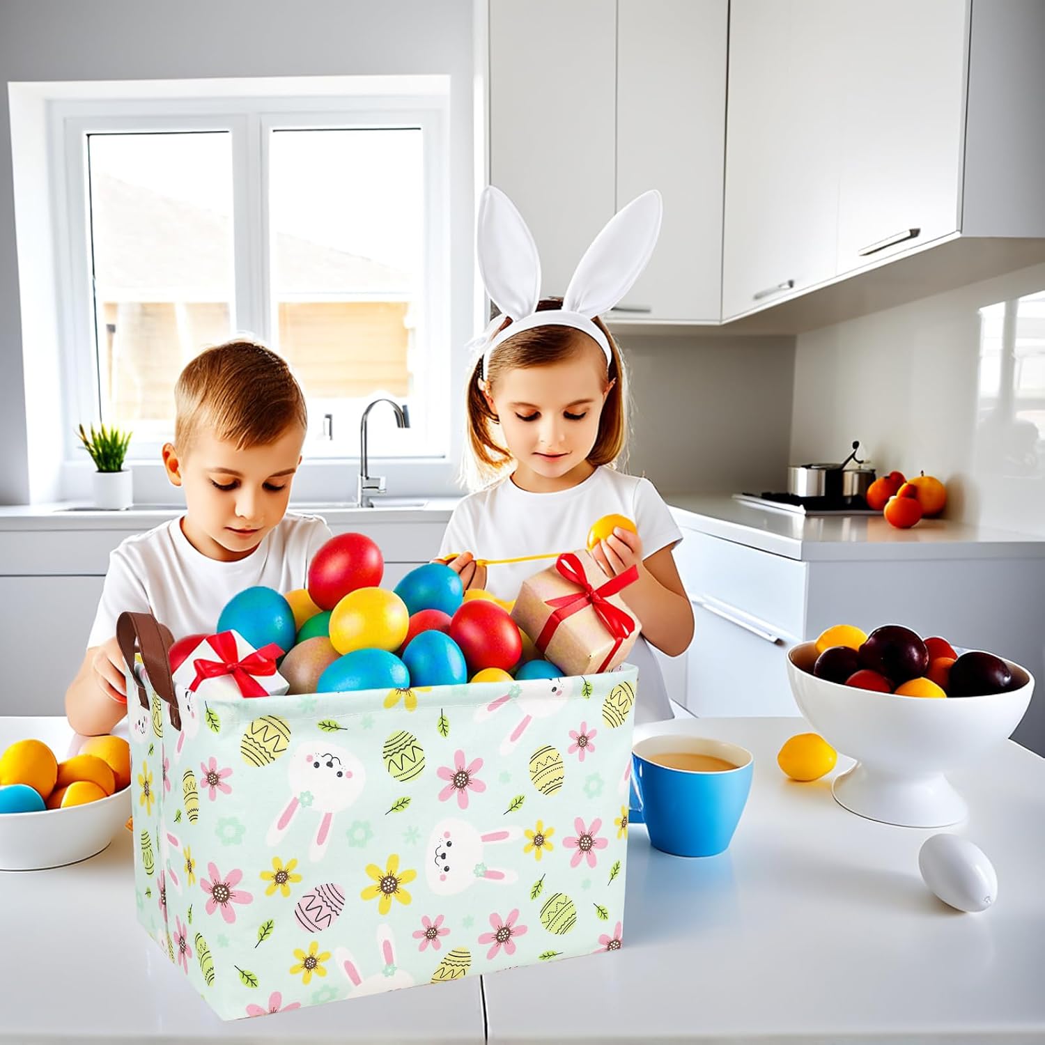 Large Empty Easter Basket for Kid Fabric Personalized Bunny Eggs Easter Gift Basket for Boy and Girl (Rabbit Blue Background) image 5