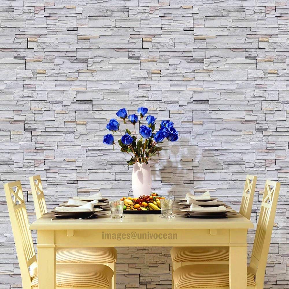 Univocean 3D Grey White Brick Stone Peel and Stick Home Wallpaper, PVC Self Adhesive Wall Decor