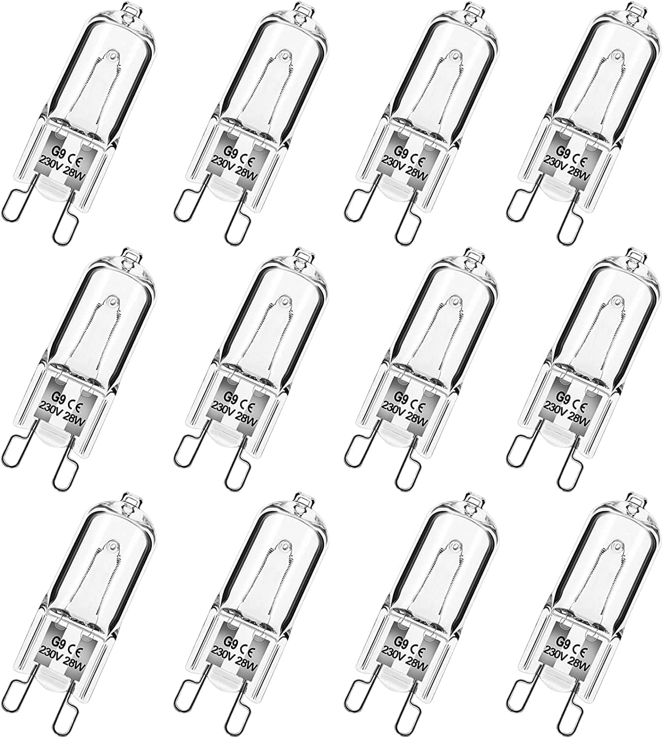 G9 Halogen Light Bulbs, 28W Dimmable Capsule, Warm White 230V 2700K, Non-Flicker - 12 Pack