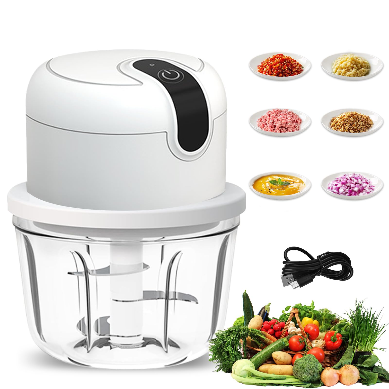 Elektrischer Küchenzerkleinerer, 350 ml Knoblauch Zerkleinerer, USB-Aufladung, Gemüsezerkleinerer, Mini-Küchenmaschine, Elektrisch Klein Zwiebelhacker für Fleisch, Zwiebeln,Knoblauch