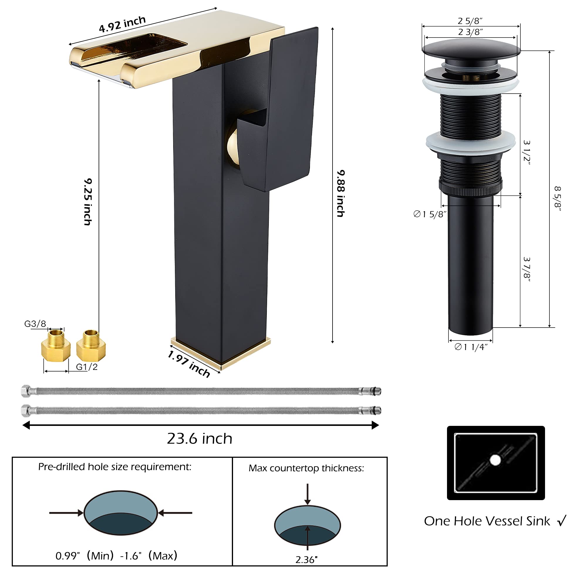 Rubinetto per lavabo a Cascata Oro Nero lavabo monoforo con Scarico a Scomparsa Senza troppopieno e Tubi di Alimentazione rubinetti per Bagno lavabo monocomando Rubinetto Vasca-