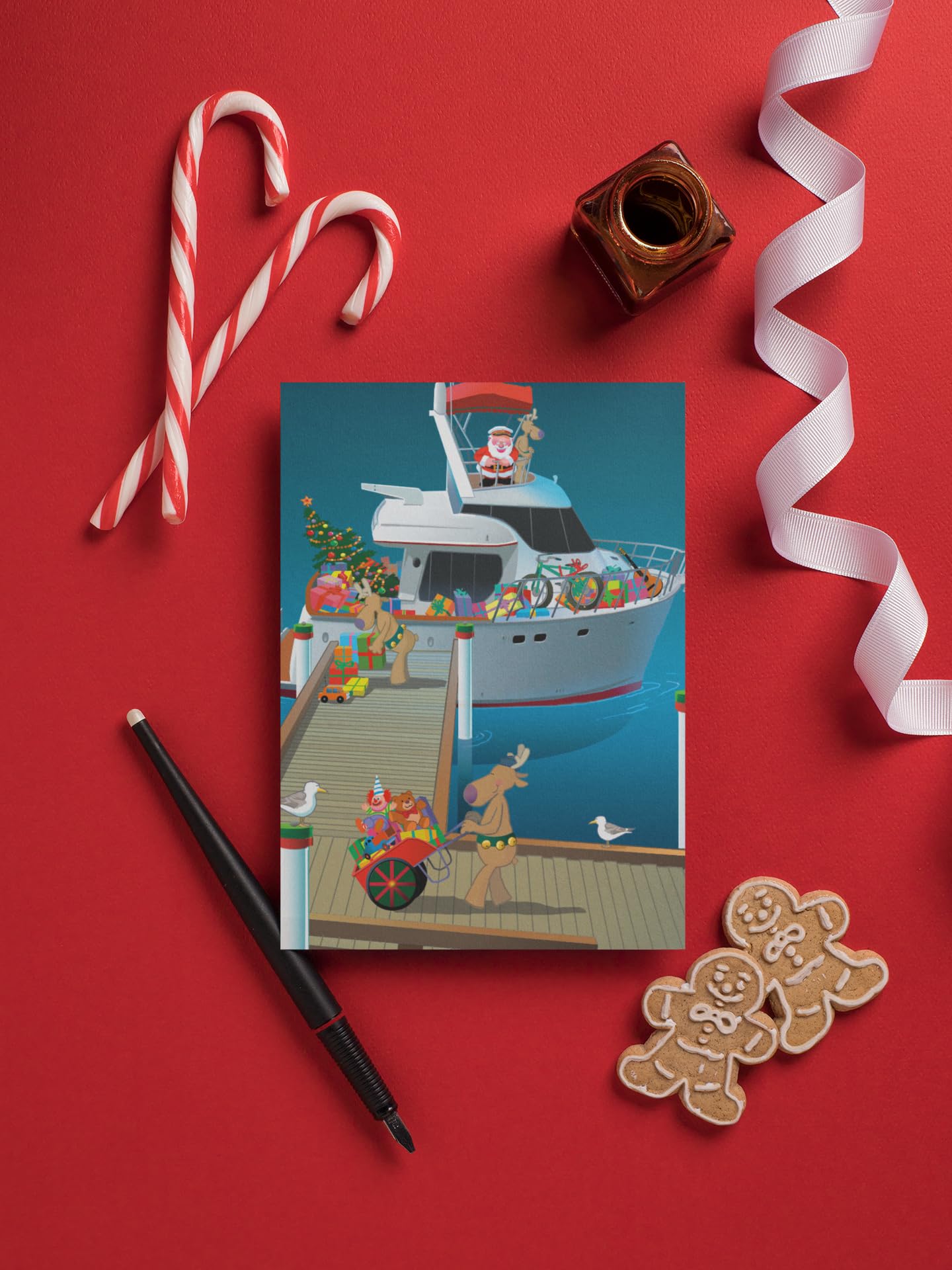 Weihnachtskarte "Bootfahrer-Dock" – Festliches Motiv Mit Weihnachtsmann & Bootssteg, 18 Karten Inkl. Umschläge