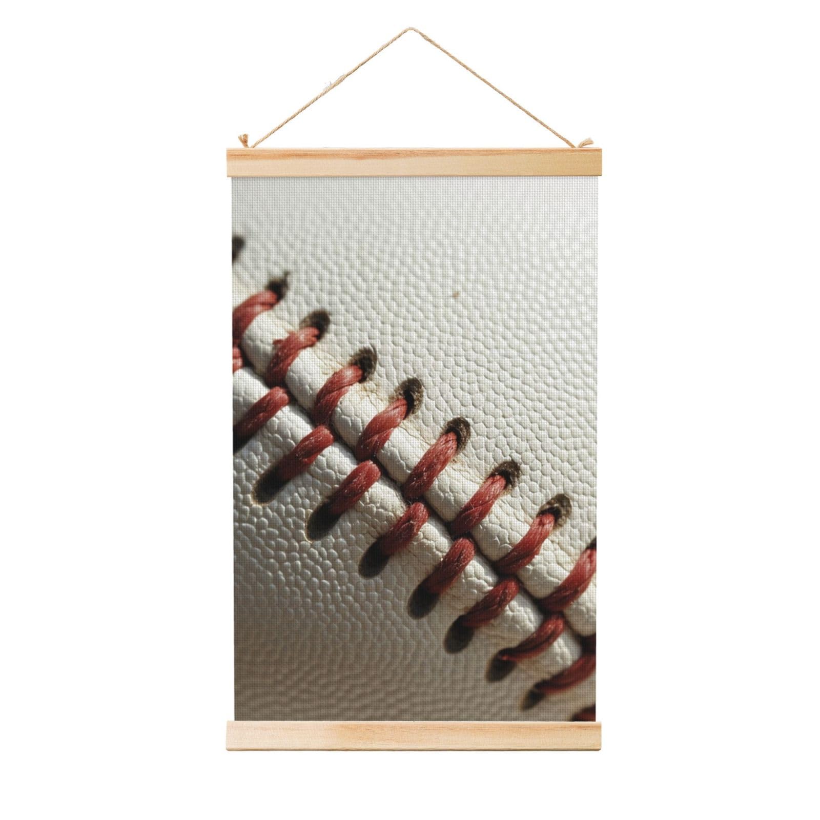 Baseball Lace Close Up Poster Wooden Shaft Hanging Poster Wall Hanging Banner Canvas Artwork with Wood Frames 12"x18" Modern Artwork Decor Ready to Hang Wall Art for Home Decor Scroll Painting