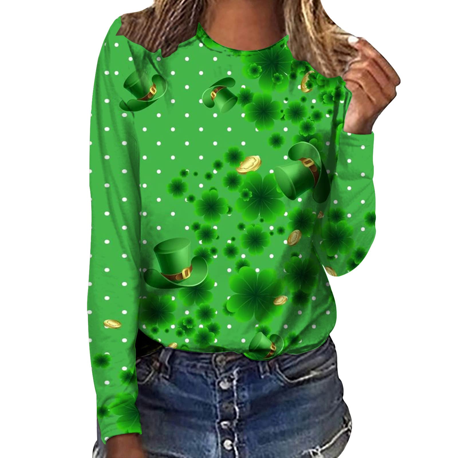 DASAYOWomen's Crew Neck T-Shirt Clover Printing Long Sleeve Shirts Casaul Tops for St.Patricks Day