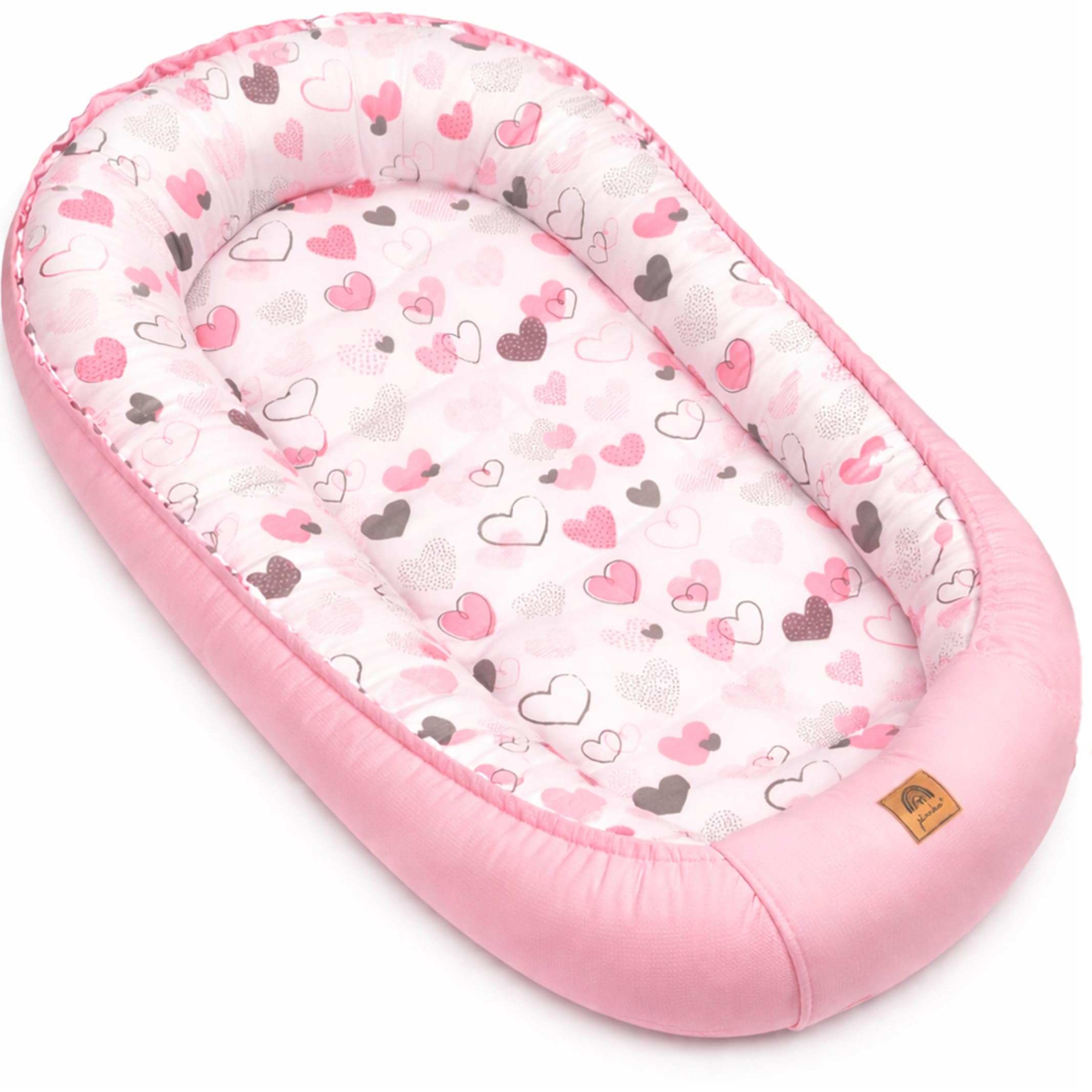 Nid de bébé 2 côtés - Nid cocon pour bébé - Hypoallergénique - 90 x 55 cm - Coton et velours - Cœurs roses avec rabat