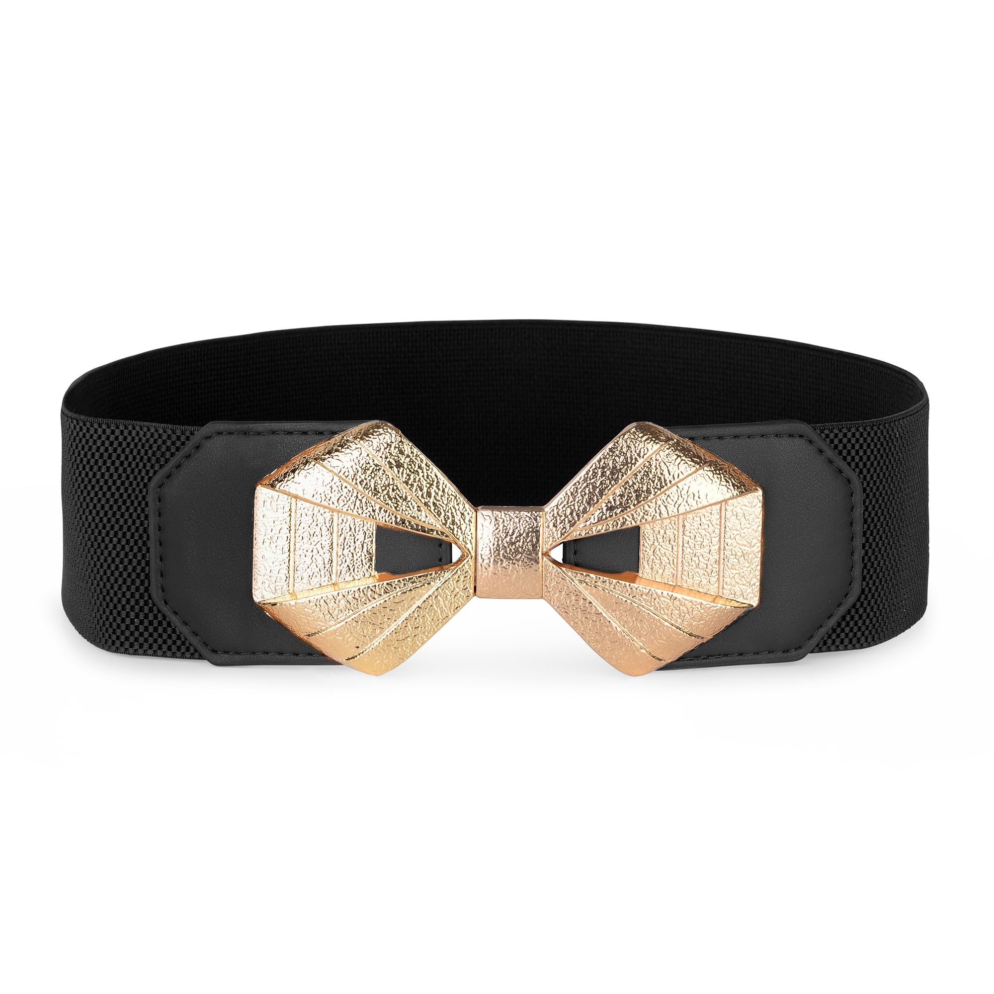 BlackButterfly Wide Elastic Cinch Stretch Waistband Retro Gold Bow Buckle Waist Belt (Black, M)