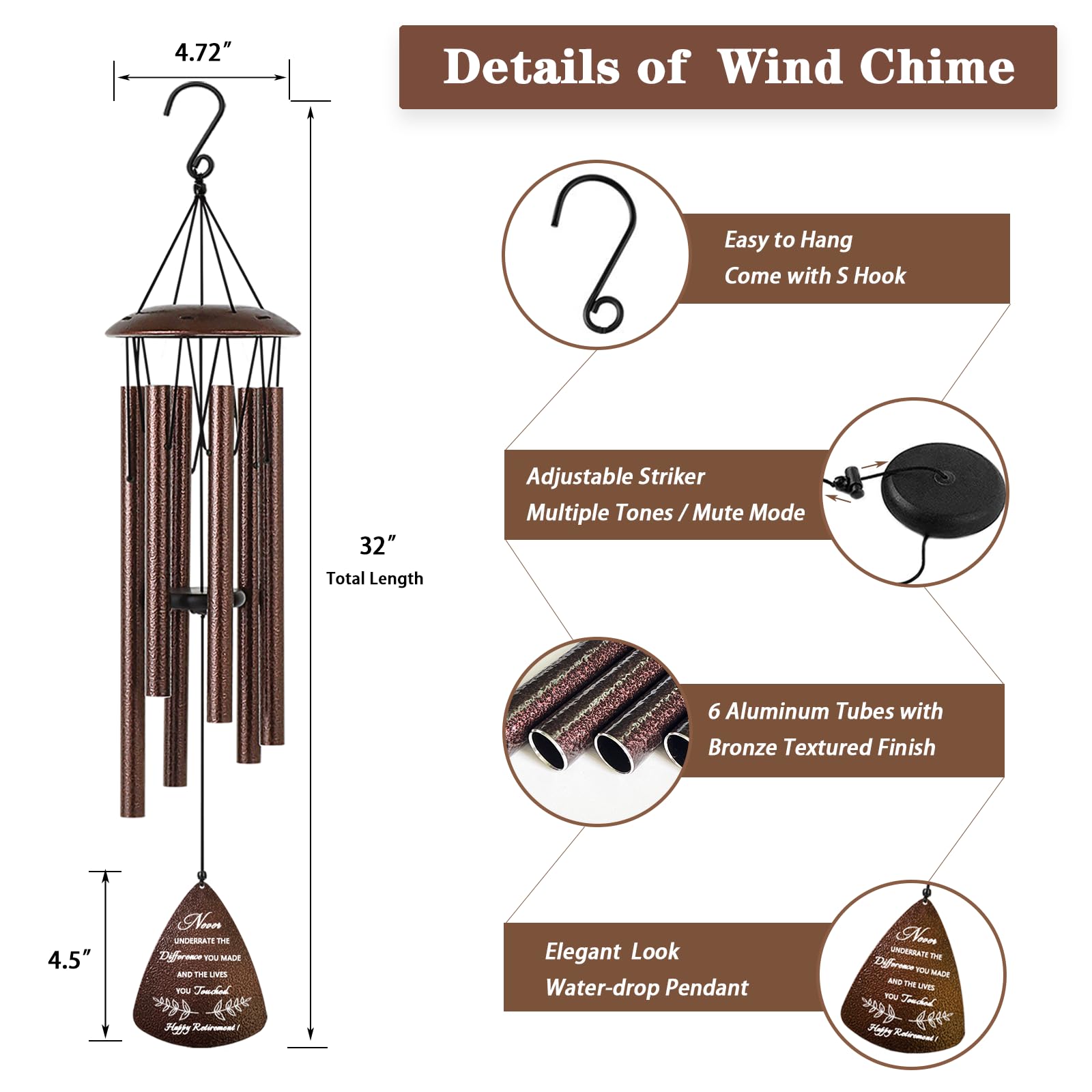 Soopau Retirement Gift for Woman Men, 32" Wind Chimes Retirement Gifts, Happy Retirement Gifts for Coworker Colleague Boss Teachers Nurses Friends, Going Away Gifts Retirement Decorations