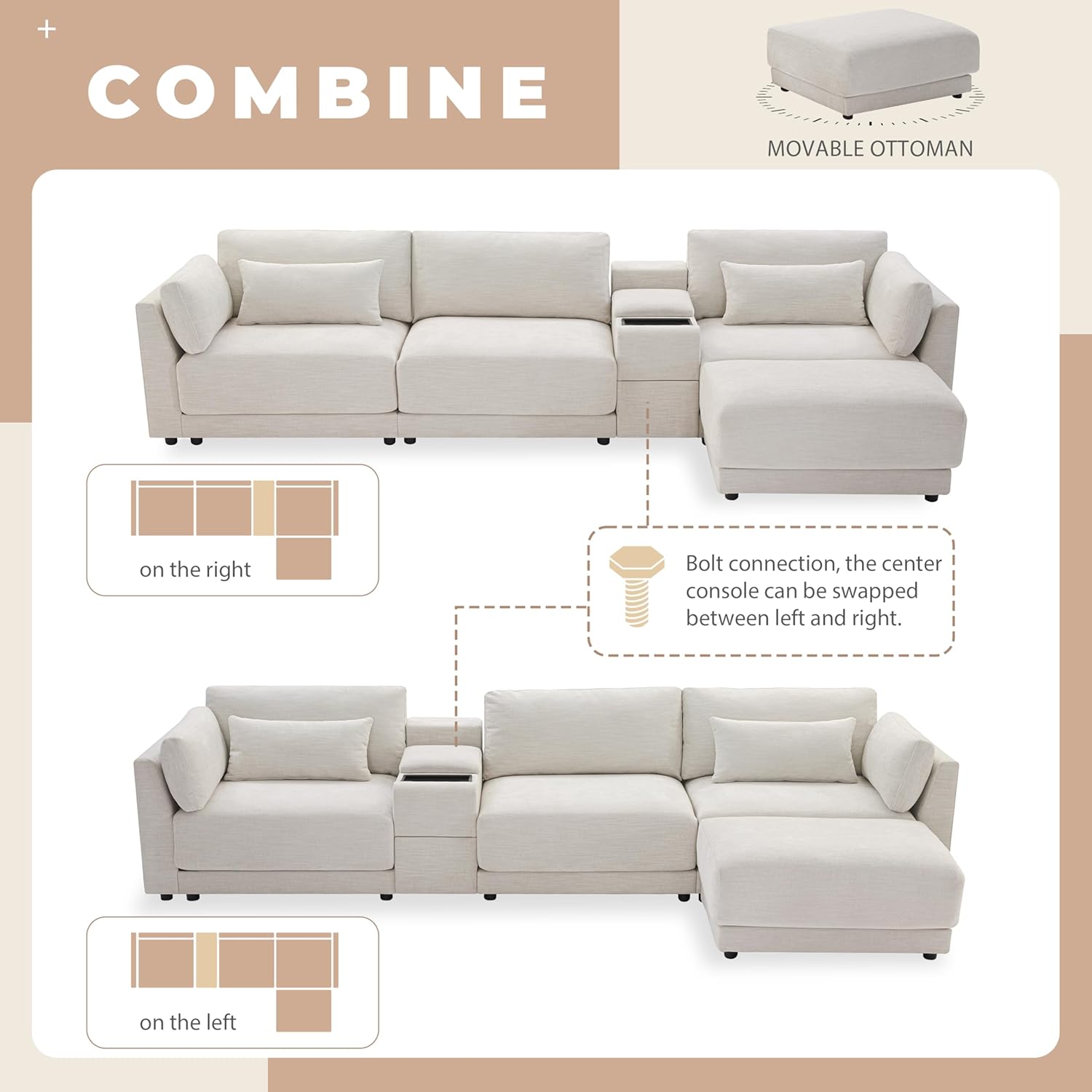 Merax Modern Chenille Sectional Sofa with Ottoman, USB Charging Port & Storgae Drawers, Modular L-Shaped 4-Seat Couch Set with Deep Seat for Living Room, Apartment, Beige