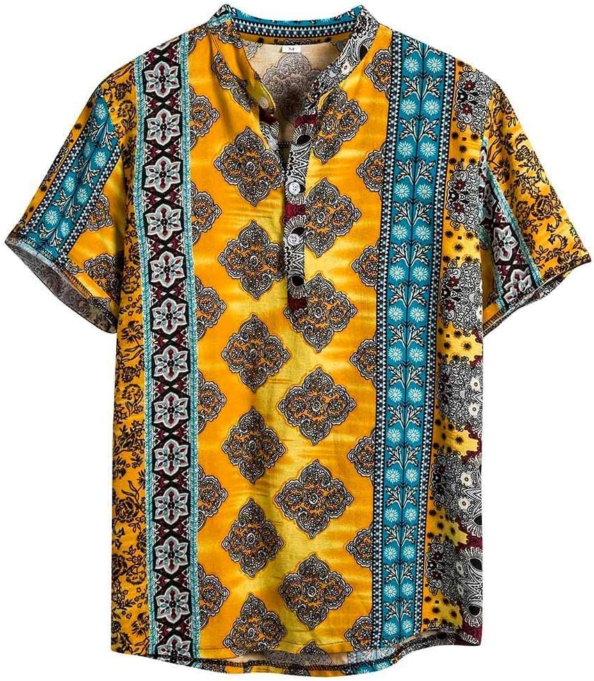 Men's Shirts, Ethnic Short Sleeve Casual Cotton Linen Printing Hawaiian Shirt Blouse