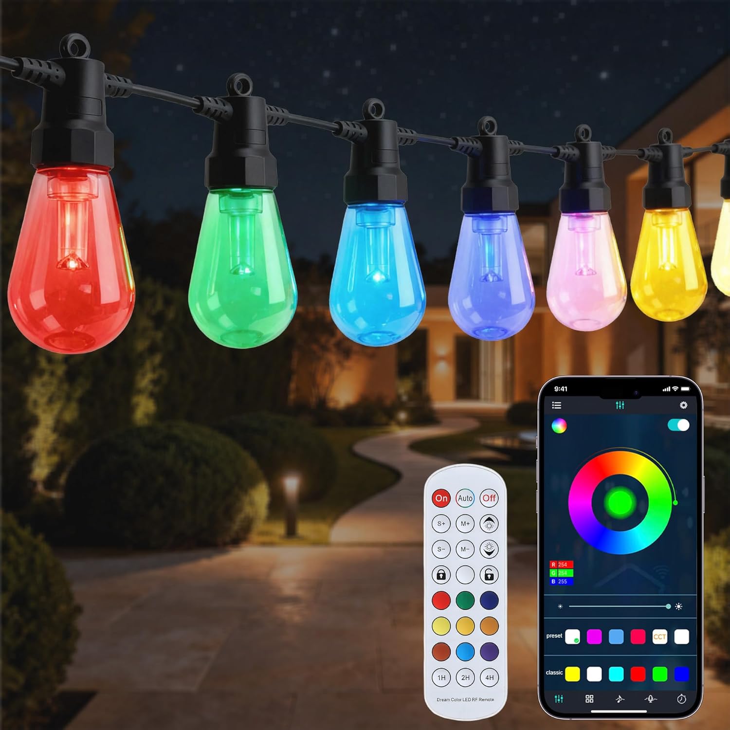 Smart Outdoor String Lights, 50FT RGB Color Changing Patio Lights with Timer, 21-Key RF Remote and Bluetooth, IP65 Waterproof Shatterproof LED Lights for Backyard Balcony Garden Party Decor