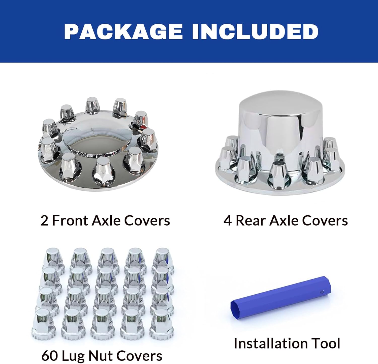 BHTOP 33mm Axle Cover Chrome Dome Combo Kit， ABS Plastic Chromed Hubcaps Wheel Front Axle Cover Set with Thread-On Lug Nut Covers for Semi Truck (2 Front and 4 Rear