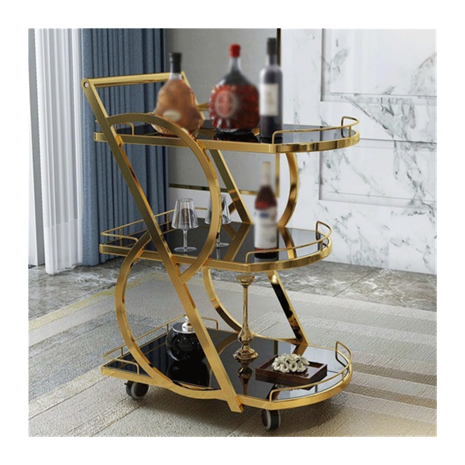 Rollwagen Barwagen mit 3 Etagen, abnehmbarem Ablagetablett, rollender Getränkewagen, mobiler Bar-Servierwagen Griff, Marmorholz und Metallrahmen, Heimküchenregal for Partys(Gold)