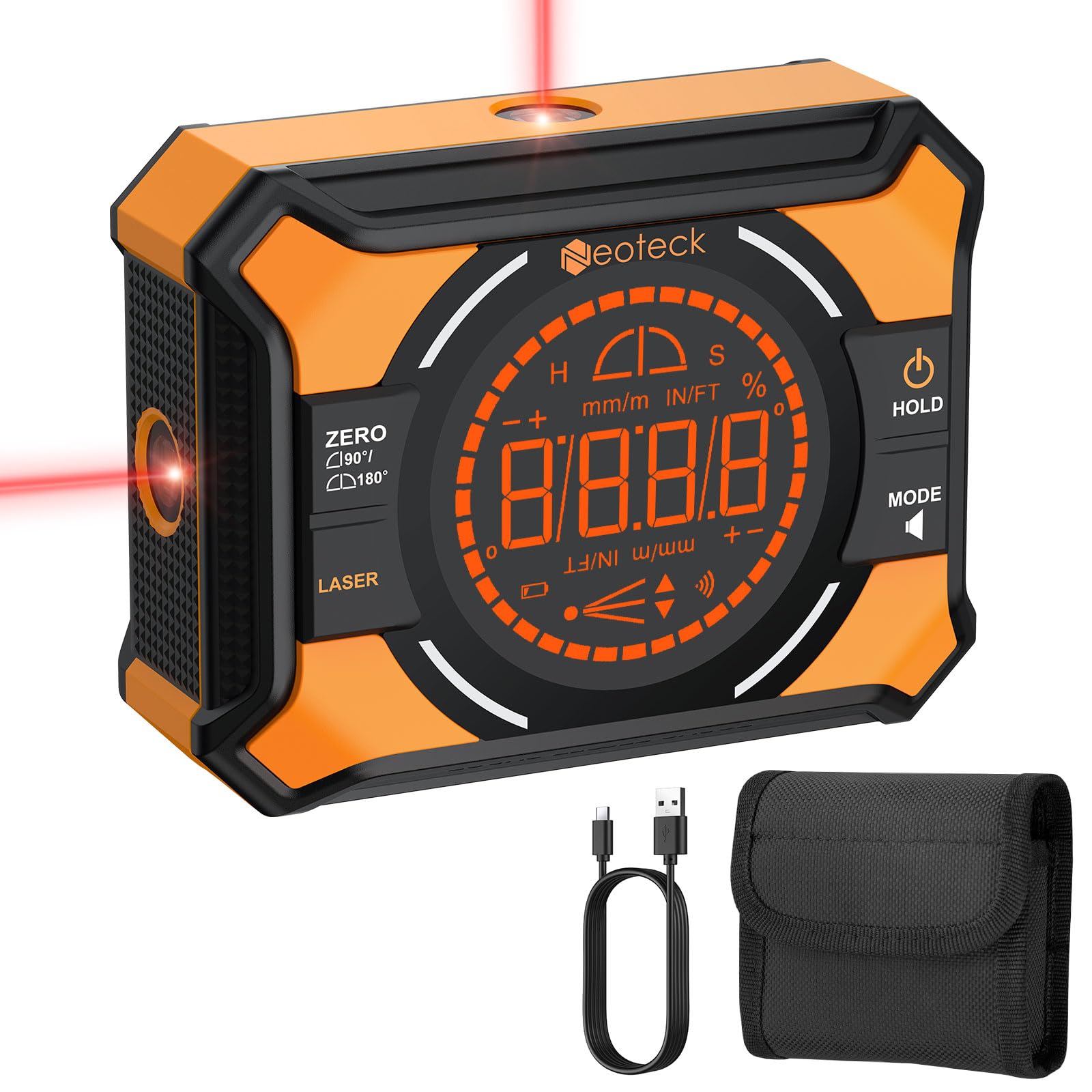 Neoteck 4x90° Inclinometro Digitale con 2 Laser - Livella Digitale Ricaricabile 2 Lati Magnetici Schermo LED Retroilluminato Doppia Bolla Elettronica per Falegnameria, Bricolage e Cantieri