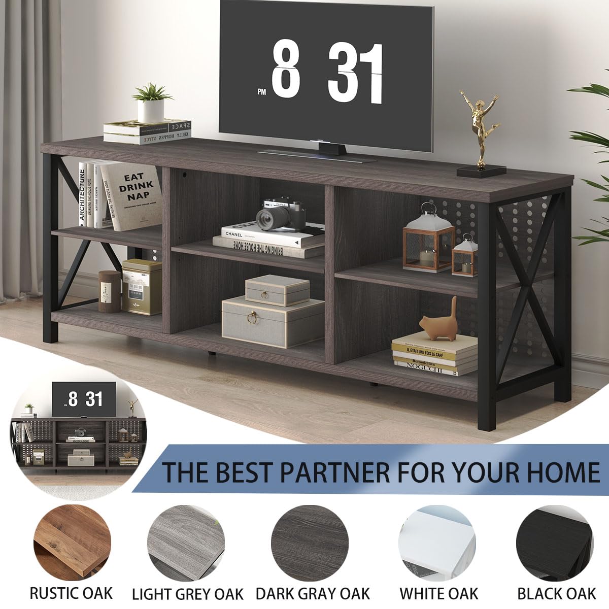 LVB TV Stand for 70 Inch TV, Rustic Industrial Entertainment Center