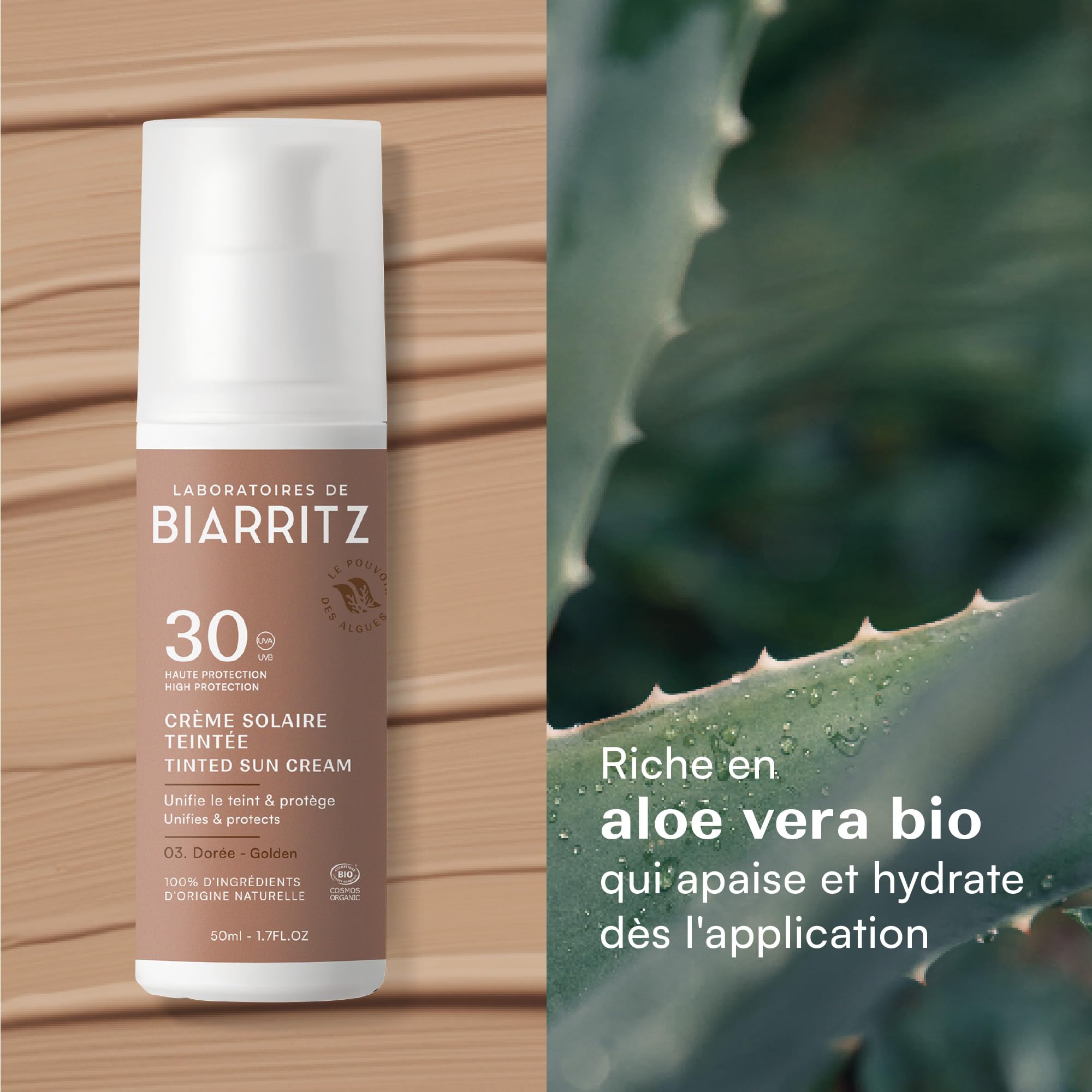 Laboratoires de Biarritz Crème Solaire Teintée SPF30 Dorée Certifiée Bio | Visage, Protection Anti-UVA/UVB et Lumière Bleue, Certifiée Bio, 50 ml, Fabriquée en France