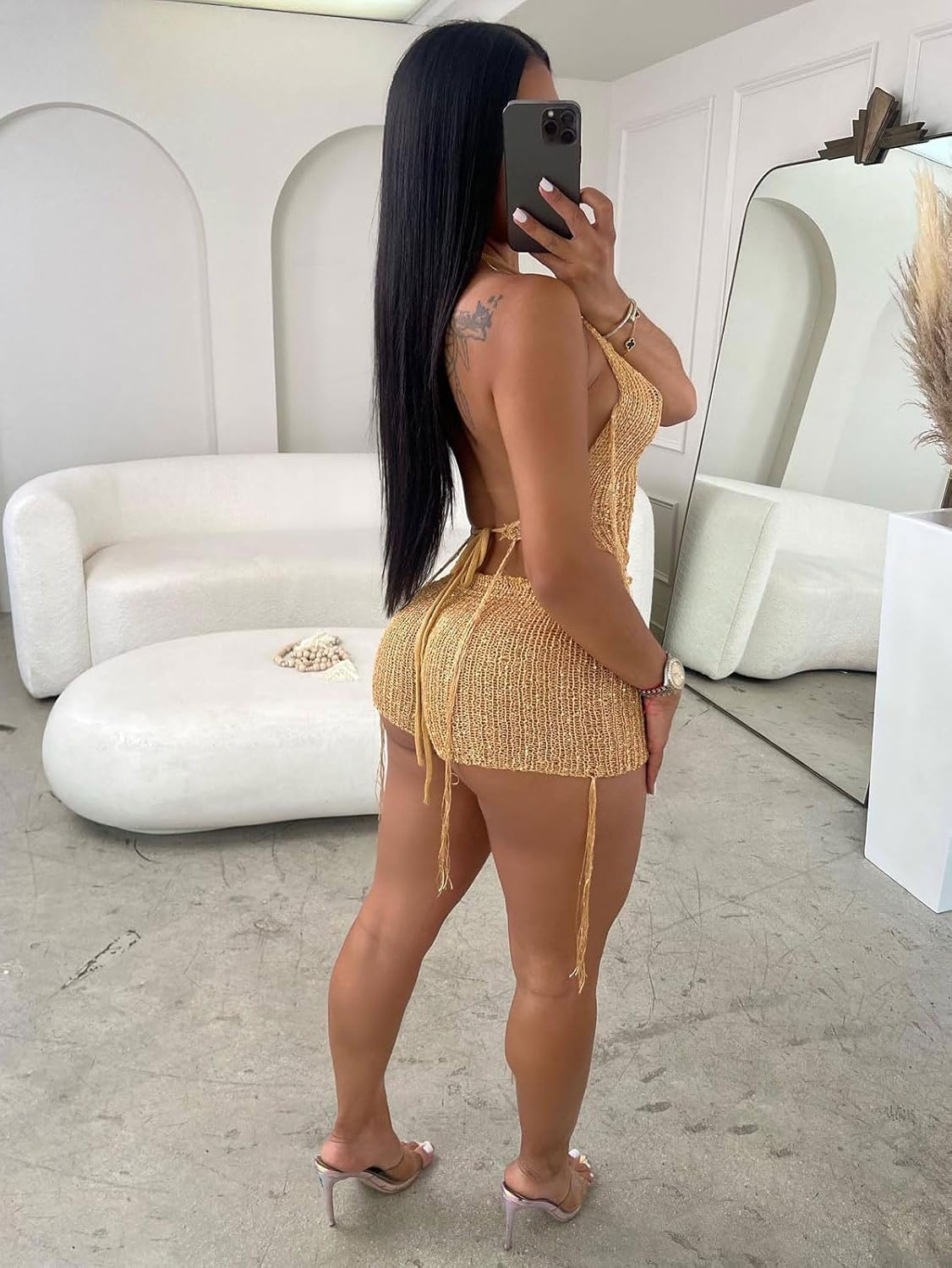 2 Piece Short Sets for Women Sexy Sequin Knit Crochet Backless Irregular Halter Top Shorts Summer Outfits with Shades - Image 3