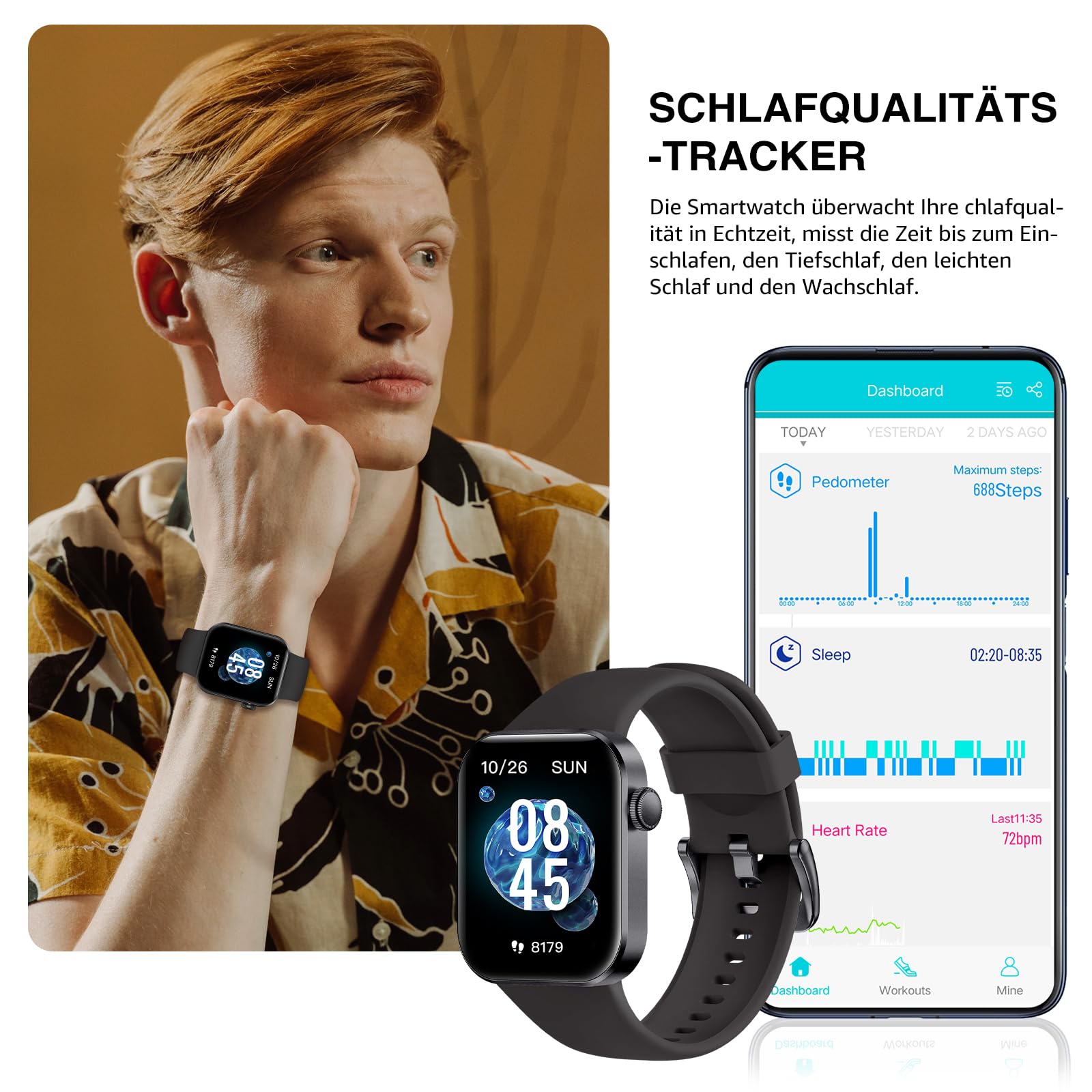 Smartwatch Damen Herren, 1,85" HD-Display Smart Watch mit Telefonfunktion, 140+ Sportmodi Fitness Tracker mit Herzfrequenz SpO2 Schlafmonitor Schrittzähler, IP68 Wasserdicht Fitnessuhr iOS Black