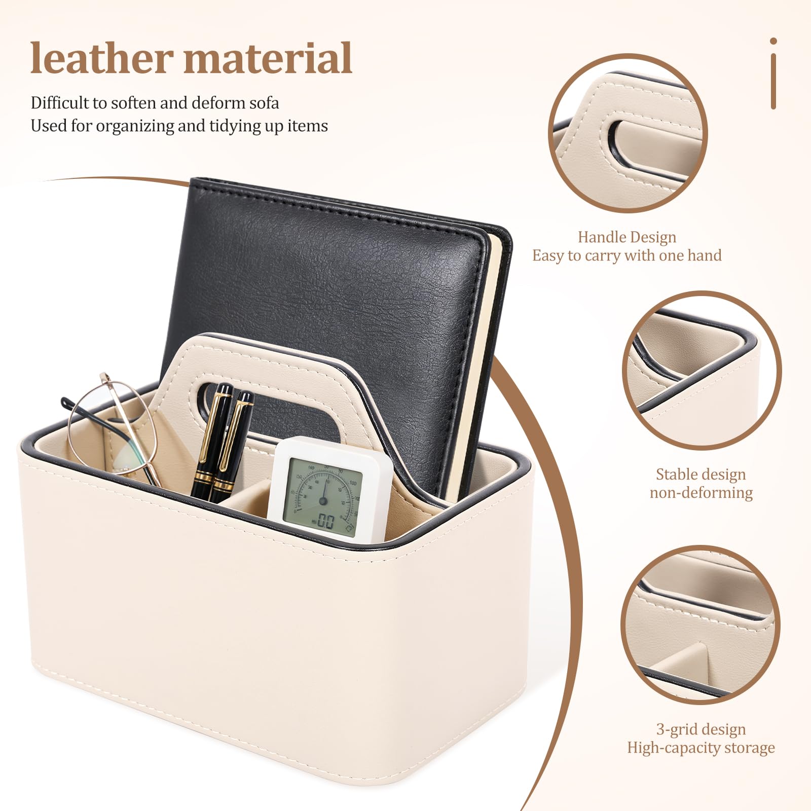 Organizador de mesita de noche con asa, 3 compartimentos de piel sintética, soporte para mando a distancia, organizador de brochas de maquillaje portátil para oficina, escuela, hogar, mesita de