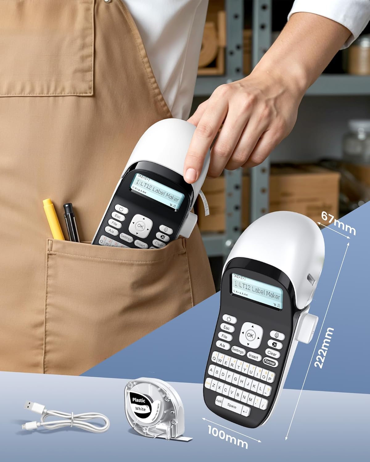 Phomemo LT12 Label Printer showing its compact size and portability, fitting into a pocket.