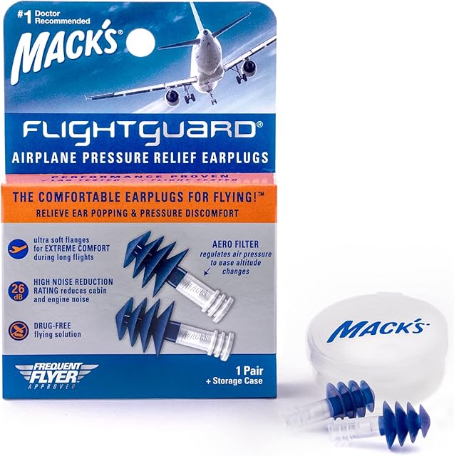 Mack's Flightguard Airplane Pressure Relief Earplugs - 26dB NRR - Comfortable, Safe, Travel Ear Plugs