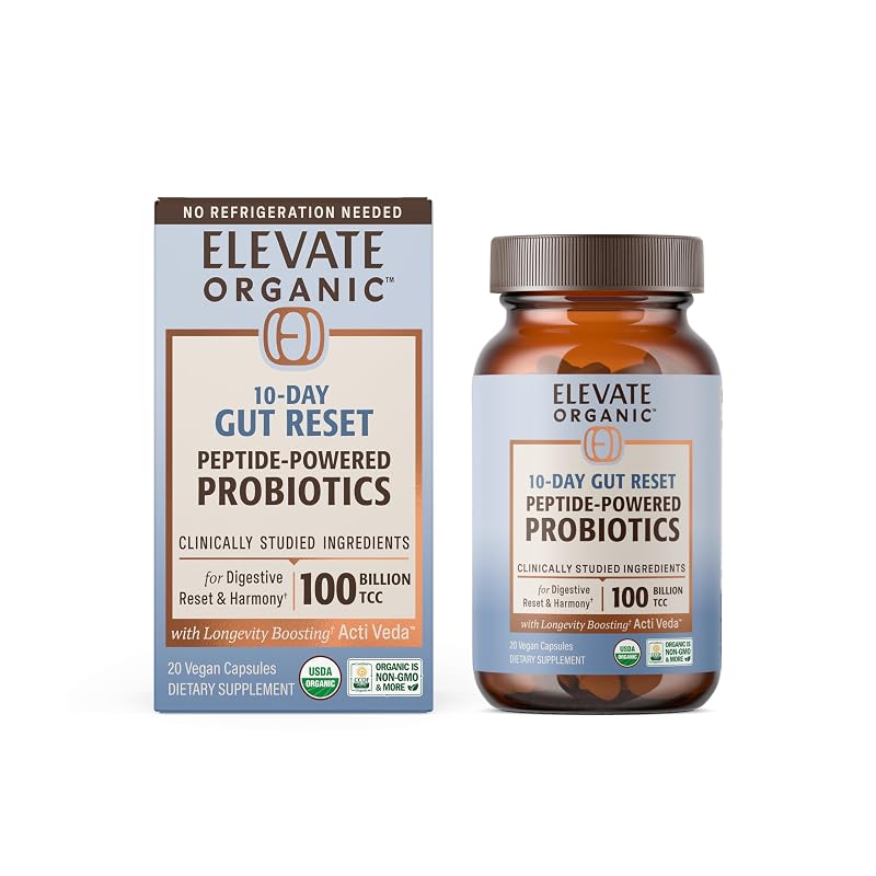 ELEVATE ORGANIC Suplemento probiótico com prebióticos, pós-bióticos e peptídeos, 100 bilhões de TCC, 20 cápsulas