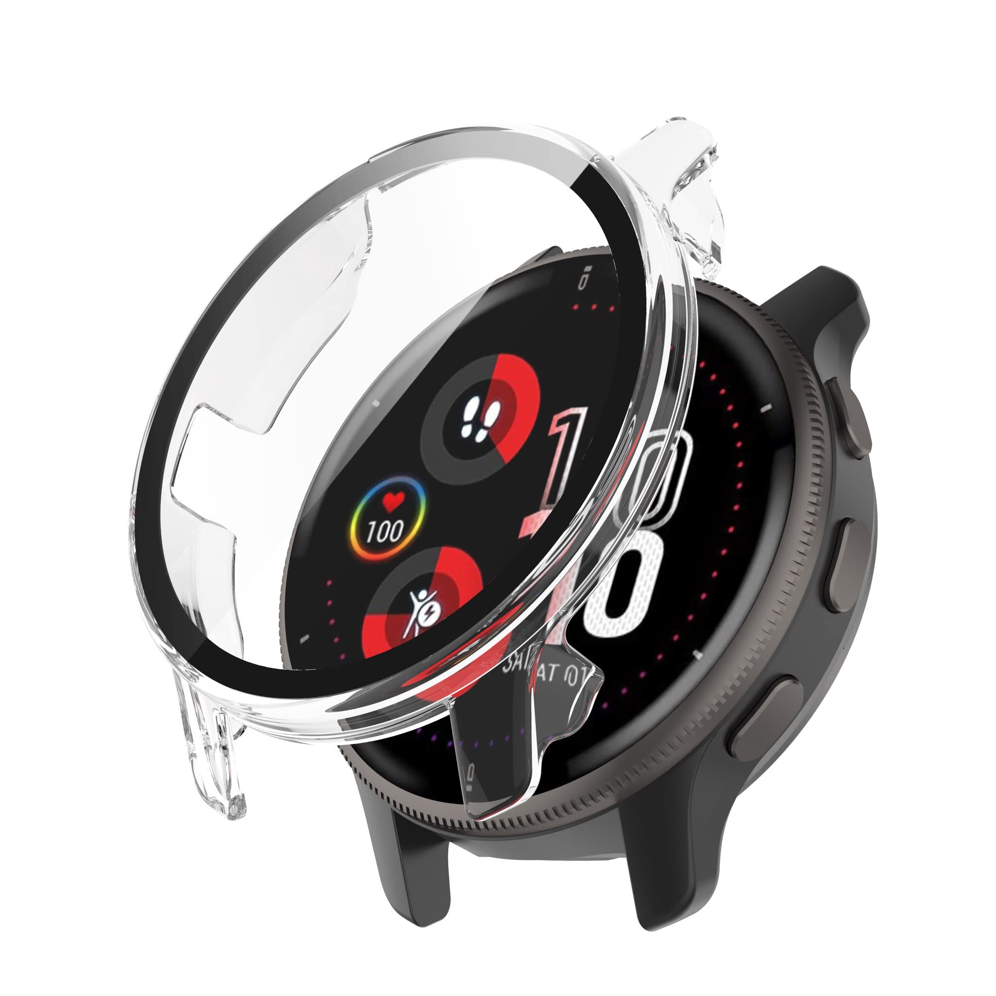 FitTurn Custodia protettiva compatibile con Garmin Venu 2 Plus, pellicola protettiva per Garmin Venu2 Plus PC+protezione completa in vetro temperato (3 trasparenti)