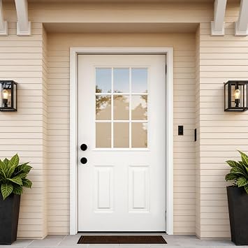 36" x 80" Fiberglass Entry Door with Brickmould & 9-Lite Low-E Glass, Right-Hand Inswing White Oak Wood Grain - Vinyl Frame Primed Front Door for Home Entrance, Knock-Down Design Solid Core