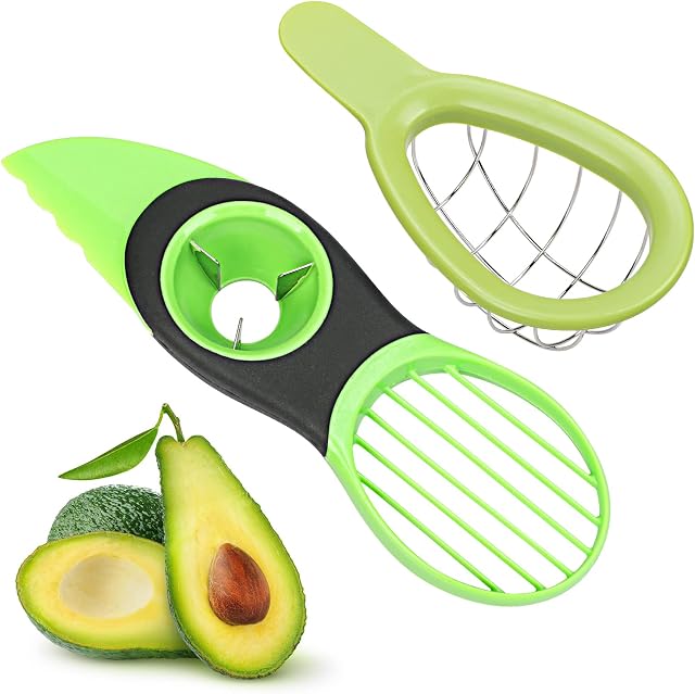 LOOPES 2pcs Avocado Slicer Cutter 3 in 1 Avocado Slicer Tool Shea Corer Butter Fruit Peeler Cutter with Non-Slip Handle Stainless Steel Blade for Mango Kiwi Fruit Kitchen Tool