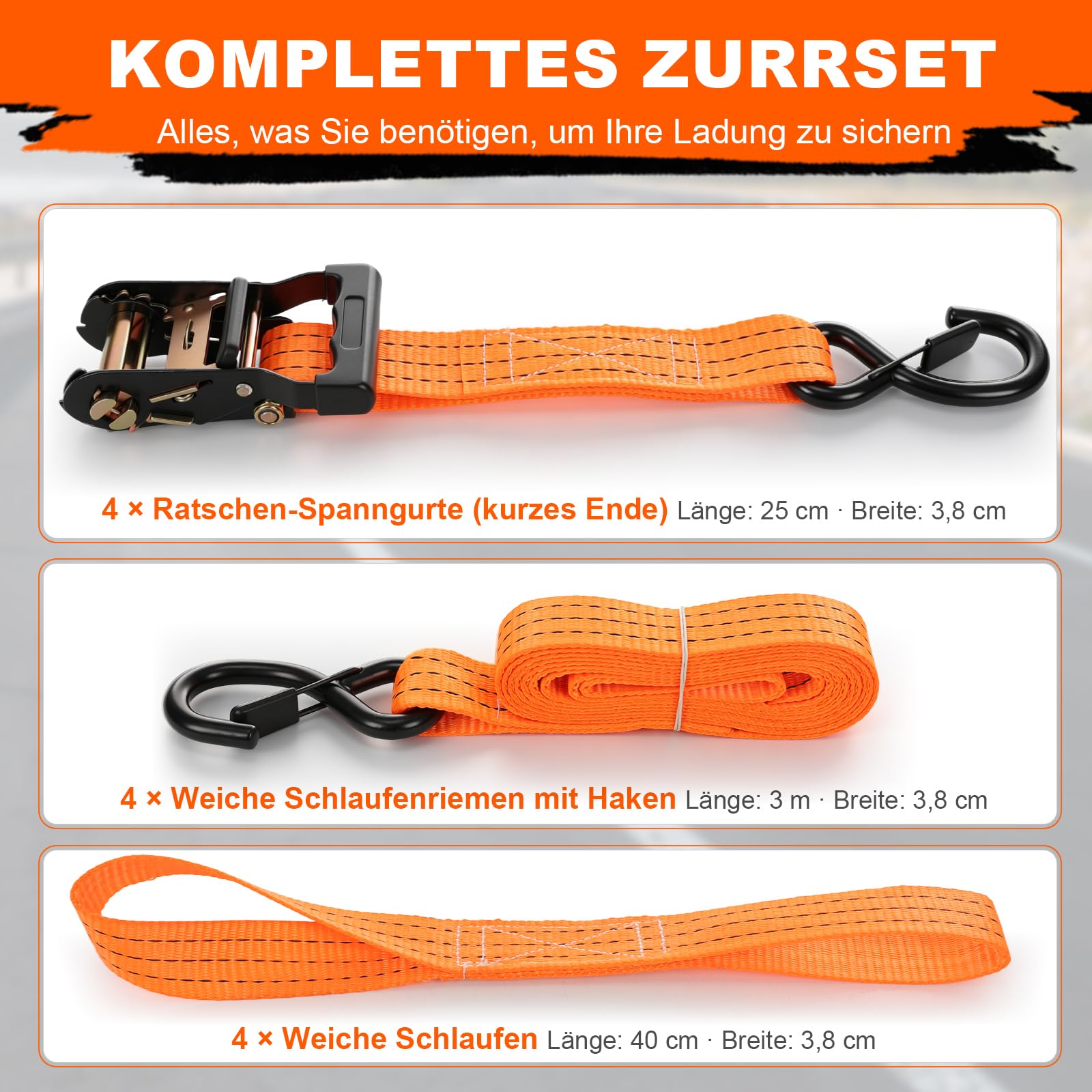 GEARMONSTER 4 cinghie con cricchetto, 38 mm x 3 m, cinghie di ancoraggio con cricchetto, cinghie con gancio per moto, traslochi e carico, arancione