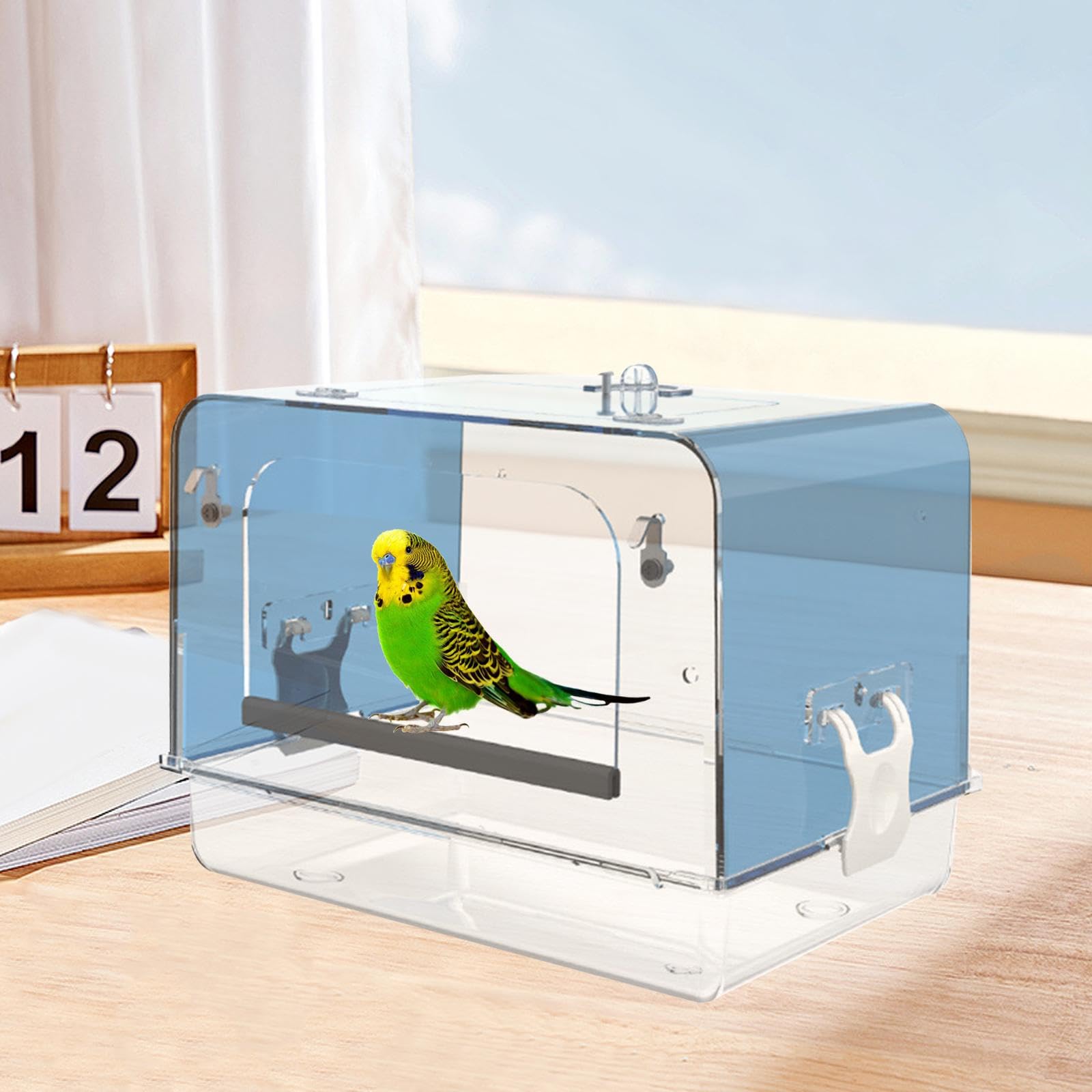 Bañera para Loros con Ganchos, Jaula para Pájaros, Caja de Baño para Cacatúas, Acrílico, Canario, Casa de Baño para Loros, Cuenco de Ducha para Loros, Azul