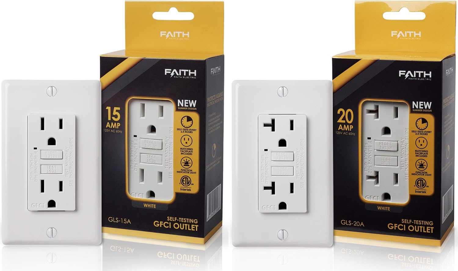 Faith 15A GFCI Outlet, Bundled with 20A GFI Outlet Receptacle, Non-Tamper-Resistant, Self-Test, White - - 