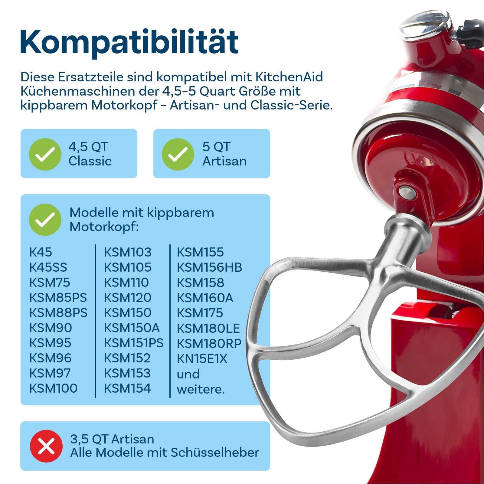 3er Zubehör Set aus Edelstahl für KitchenAid 4.3, 4.7/4.8L Artisan & Classic Serie Küchenmaschinen Zubehör von MMOBIEL – K45 6-Drahtiger Schneebesen, Flachrührer und Knethaken – Spülmaschinenfest
