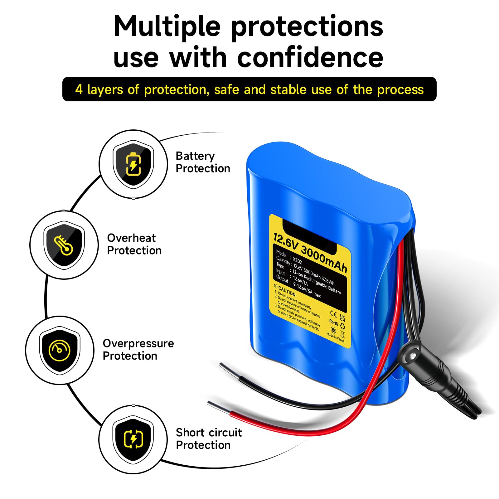 CITYORK 12.6V DC 3000mAh wiederaufladbarer Lithium-Ionen Akku für Solar Paneele, CCTV-Kameras, Camcorder, LED-Streifenlichter, MP3-Player, DIY-Projekte und mehr