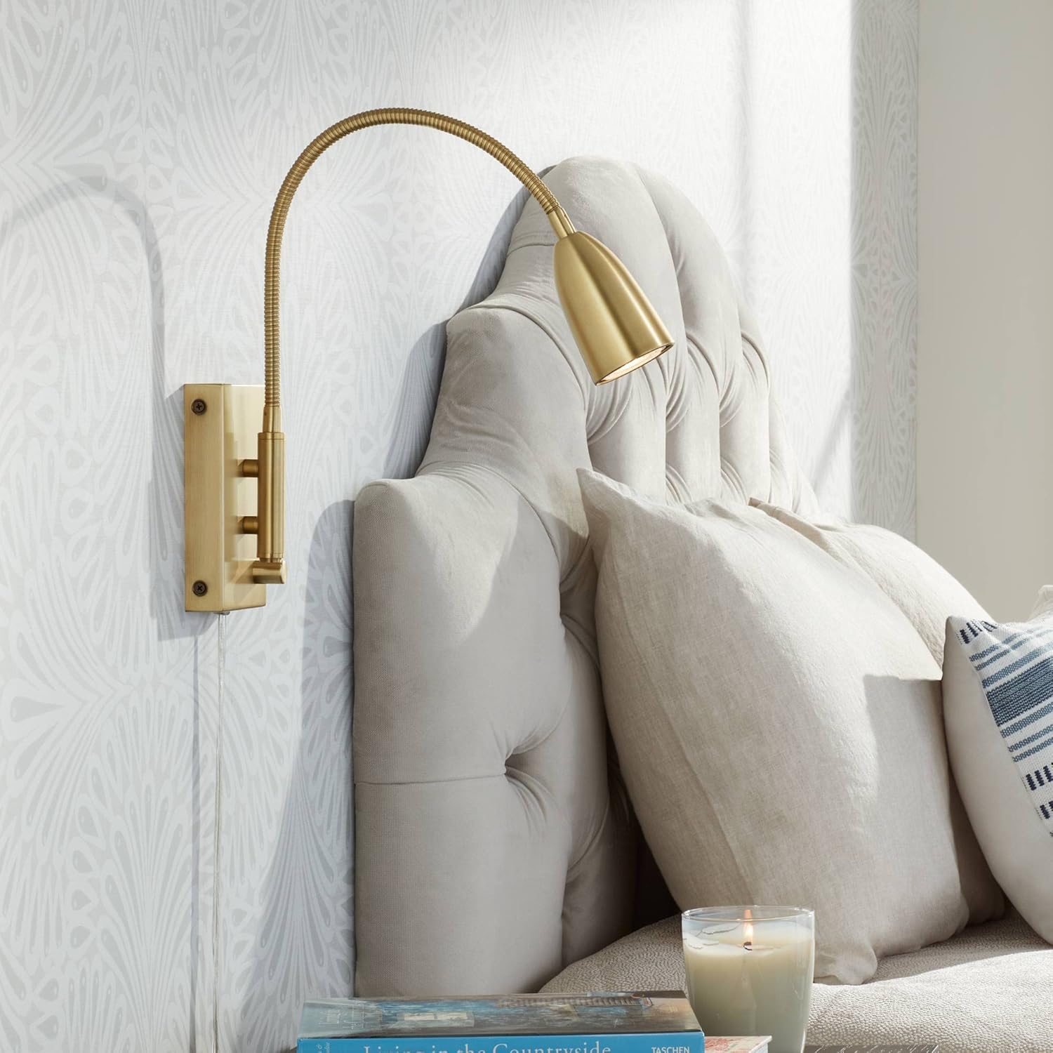 360 Lighting Lido Mid Century Modern Wall Light Sconce Warm Gold Plug-in 4" Fixture Adjustable Gooseneck for Bedroom Bathroom Vanity Reading Living Room Hallway House Home Decor