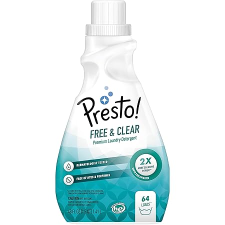 Amazon Brand - Presto! Concentrated Liquid Laundry Detergent, Free & Clear, Hypoallergenic, Free of Perfumes Clear of Dyes, 64 Loads, 48 Fl Oz