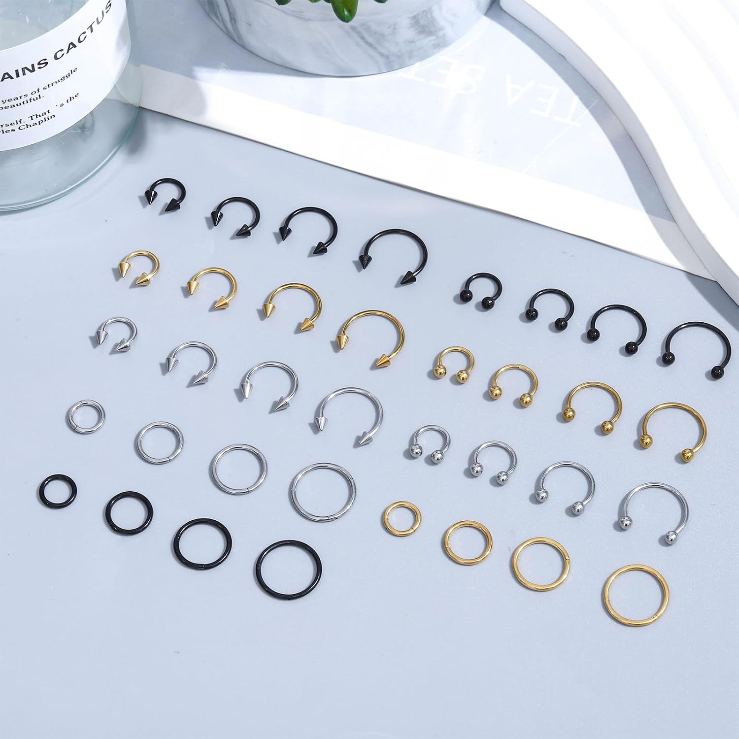 NEWITIN 48 Pieces 16G Hinged Clicker Segment Septum Rings Stainless Steel Nose Hoop Rings Horseshoe Ring Lip Cartilage Helix Tragus Earrings Nose Piercing Jewelry for Women Men