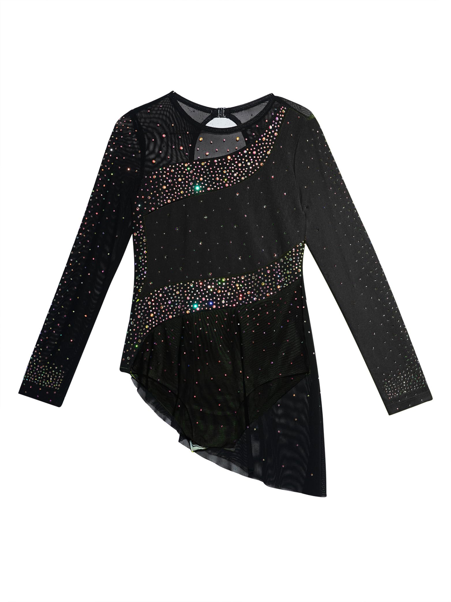 Fille Robe Patinage Artistique Asymétrique Strass Scintillante Tenue Danse sur Glace Justaucorps Gymnastique Danse Manches Longues Costume