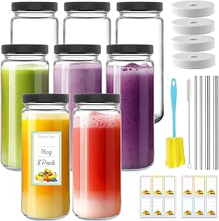 8 Pack 16oz Glass Juice Bottles with Black Lids, 500ml Reusable Glass Juicing Bottles Drinking Jars, Beverages Containers, Water Cups for Cold Brew, Smoothie Jars