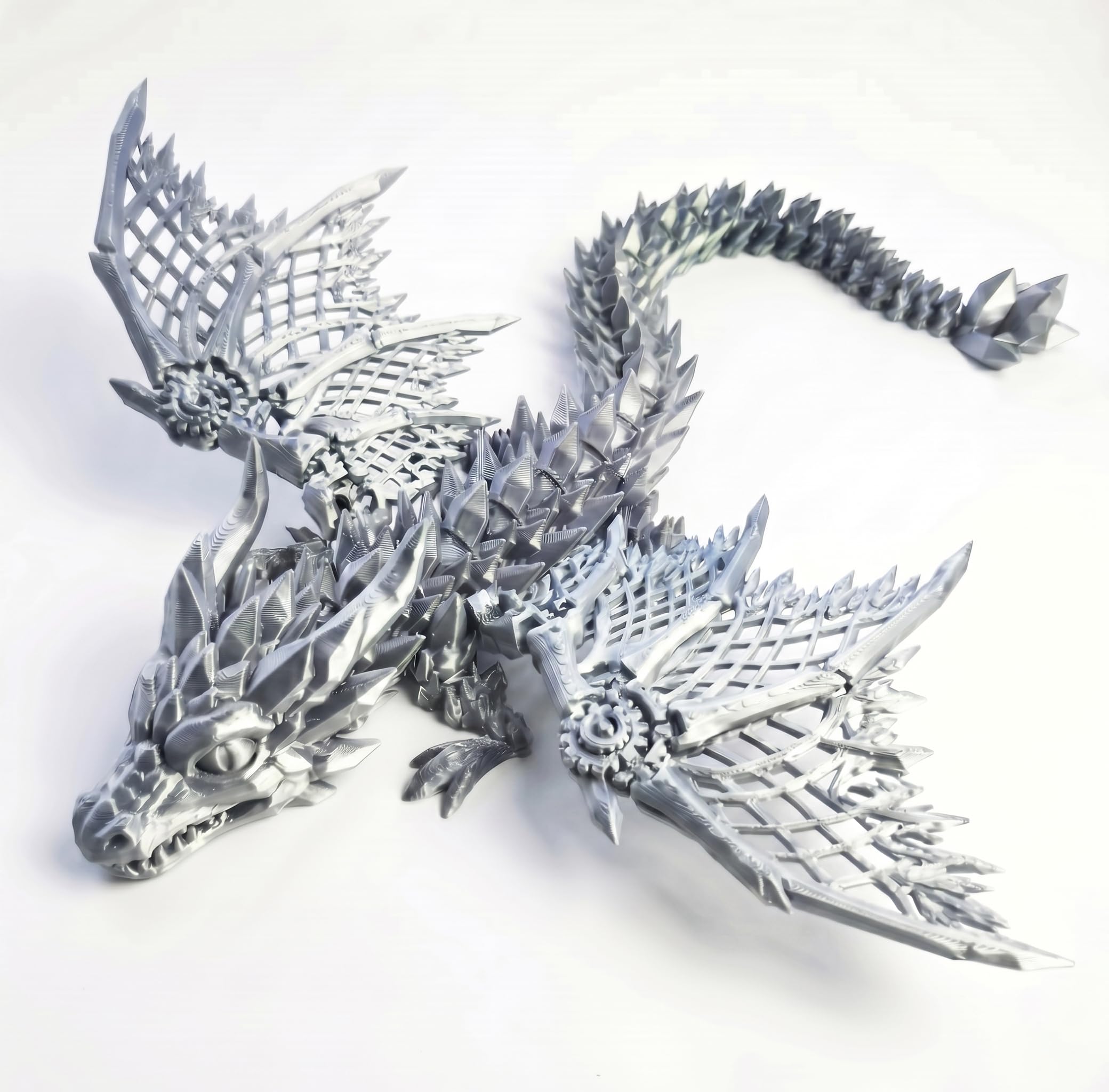 3D Printed Dragon with Wings Fully Articulated Crystal Dragon Toy Posable 3D Printed Animals Action Figure Fantasy Desk Pet and 3D Printed Fidgets for Office and Home Decor (Silver,S)