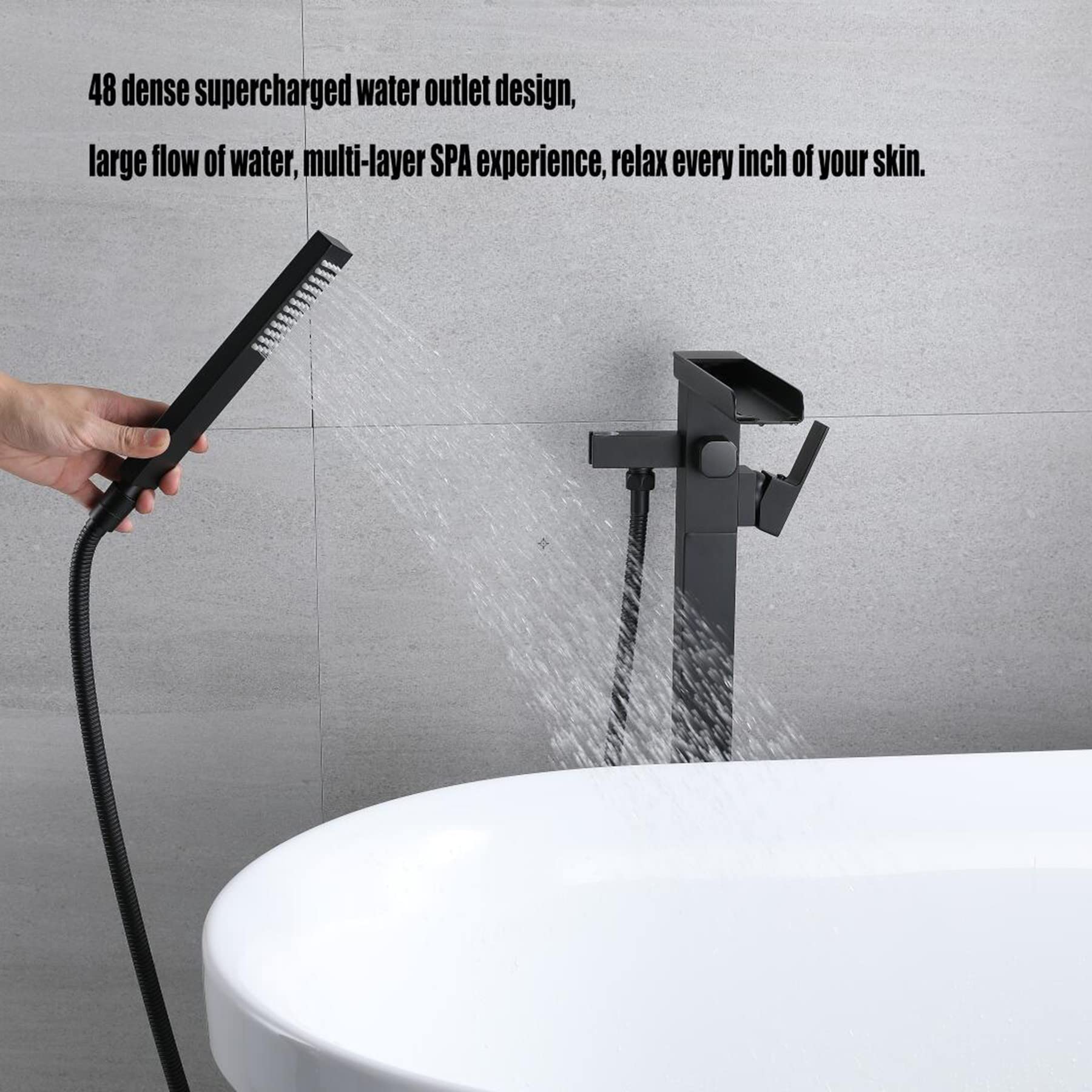 Rubinetto Per Vasca Pavimento In Piedi Da Bagno Con Beccuccio A Cascata E Spruzzatore A Mano,Freestanding Rubinetti Per Vasca, Nero（collegamento interno）