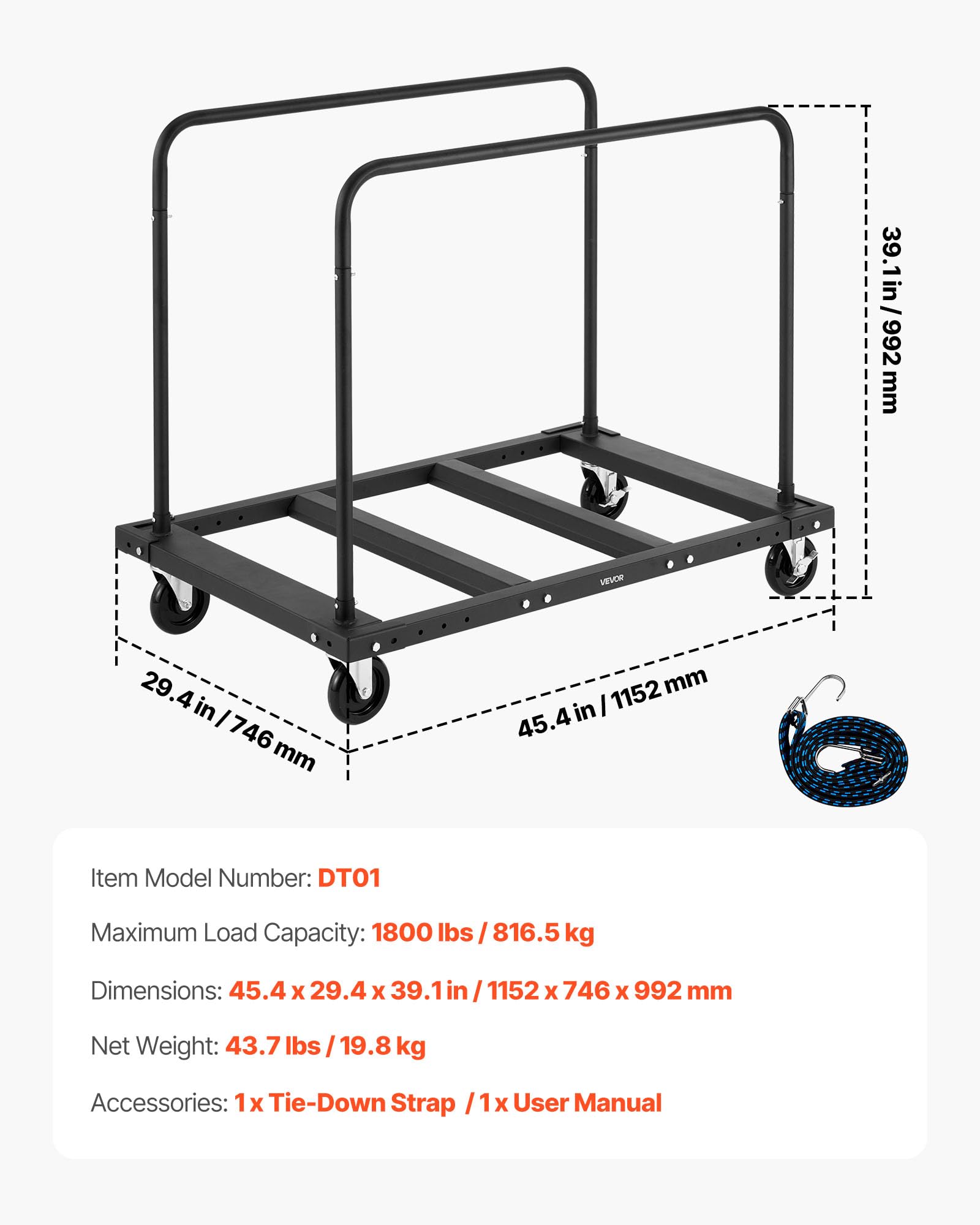VEVOR Plattenwagen, 816 kg, Transportwagen mit 12,5 mm Lenkrollen, Plattenroller, Rohrbügelwagen mit Zurrgurt & 2 seitlichen Handläufen, Transporthilfe für Fabrik, Lager, Garage, Schwarz