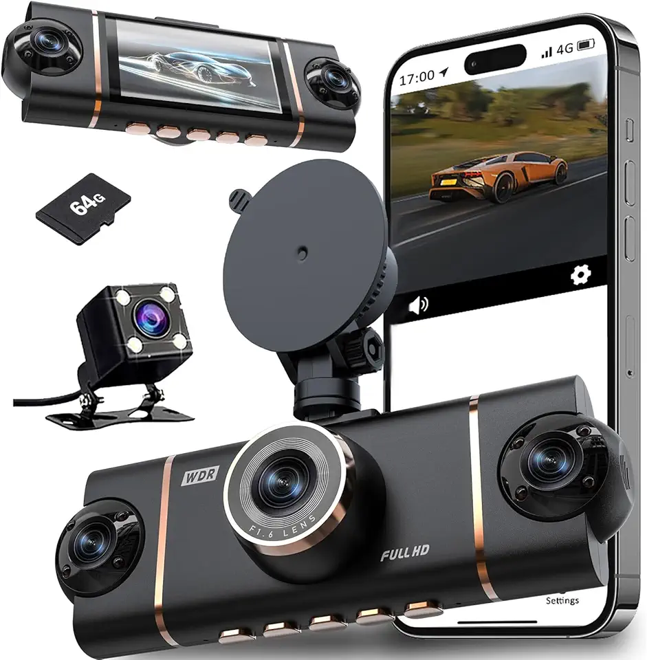 Câmera Veicular 4 Lentes Full HD 1080p com Visão Noturna – Dashcam Frontal, Interna e Traseira, Tela IPS 3.0'', Ângulo de 170°, WDR, Cartão de 64GB Incluso