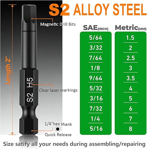 Miniatura 6 de Juego de brocas de llave Allen de cabeza hexagonal (10 unidades métricas y 10 piezas SAE), brocas de llave Allen PTSLKHN para taladro de 1/4